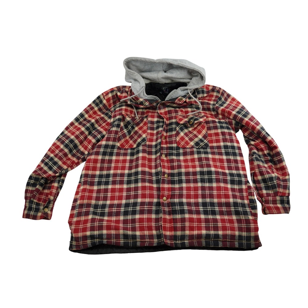 CACTUS Flannel Quilted Lined Hooded Shirt Jacket Red Black Plaid Mens L